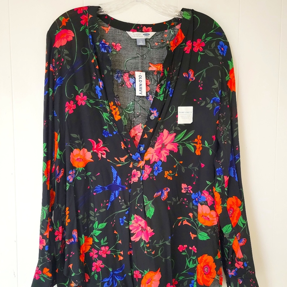 Old Navy Black Floral Tunic Shirt, Size Large, NWT